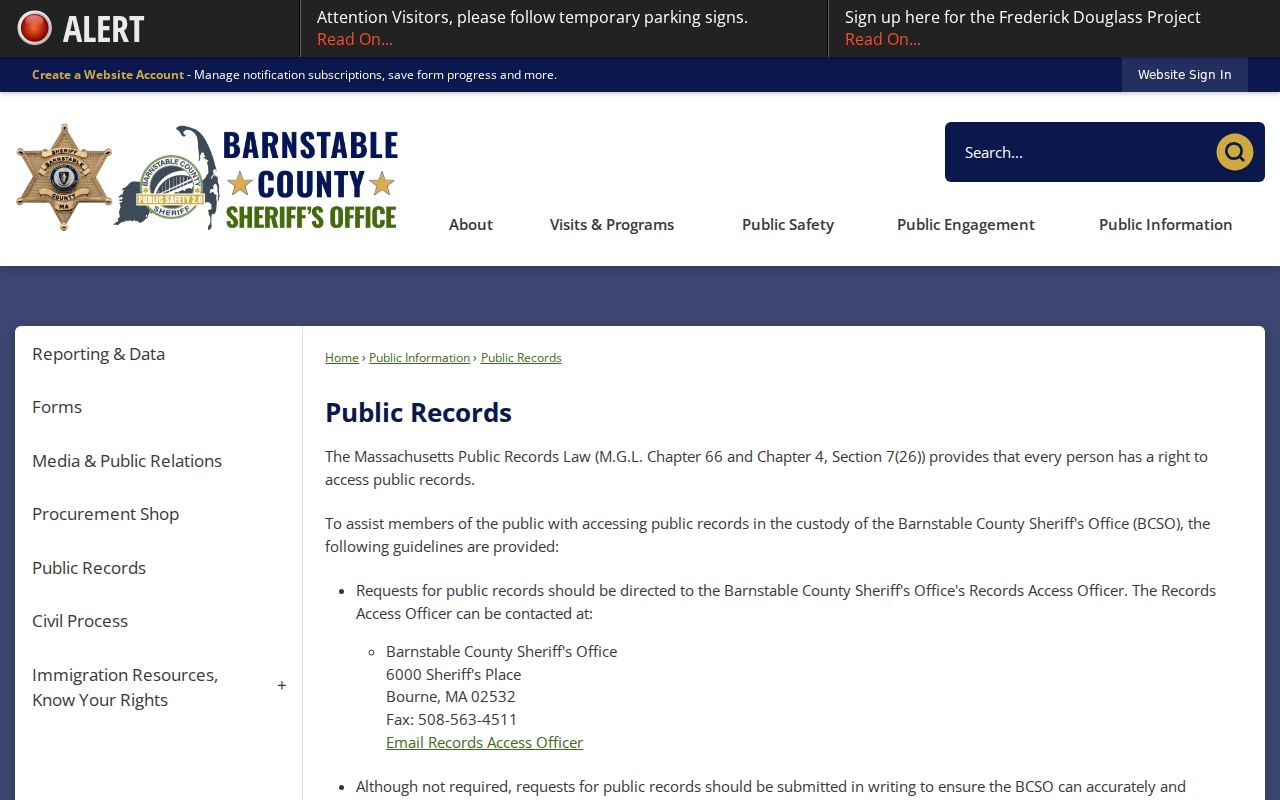 Barnstable County most wanted page and the Sheriff Public Records office that holds agency records rather than a wanted roster