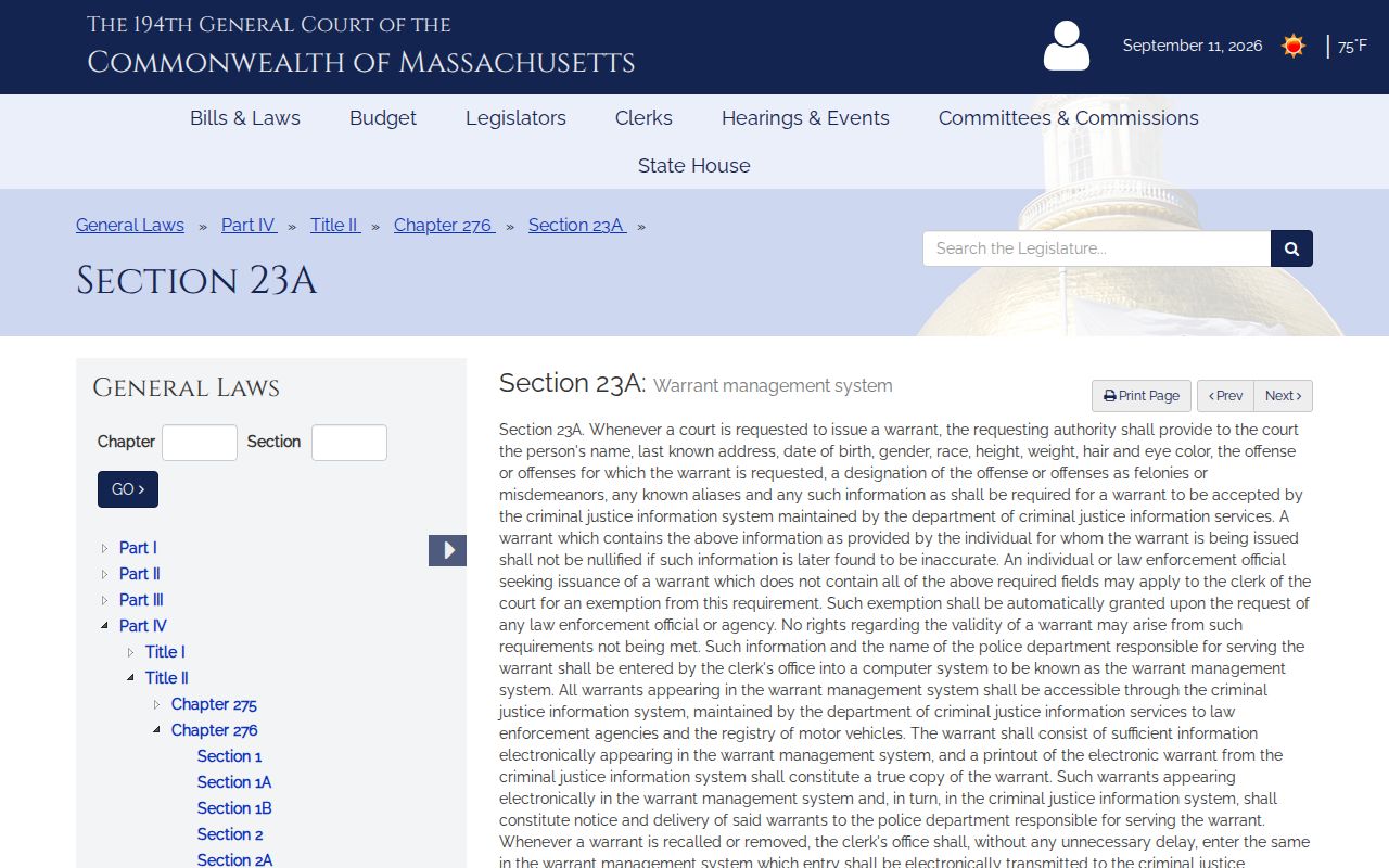Barnstable County outstanding warrants and the Massachusetts Warrant Management System statute page