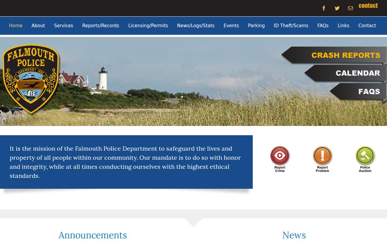 Falmouth warrant records and the Falmouth Police Department contact page used for local police report requests