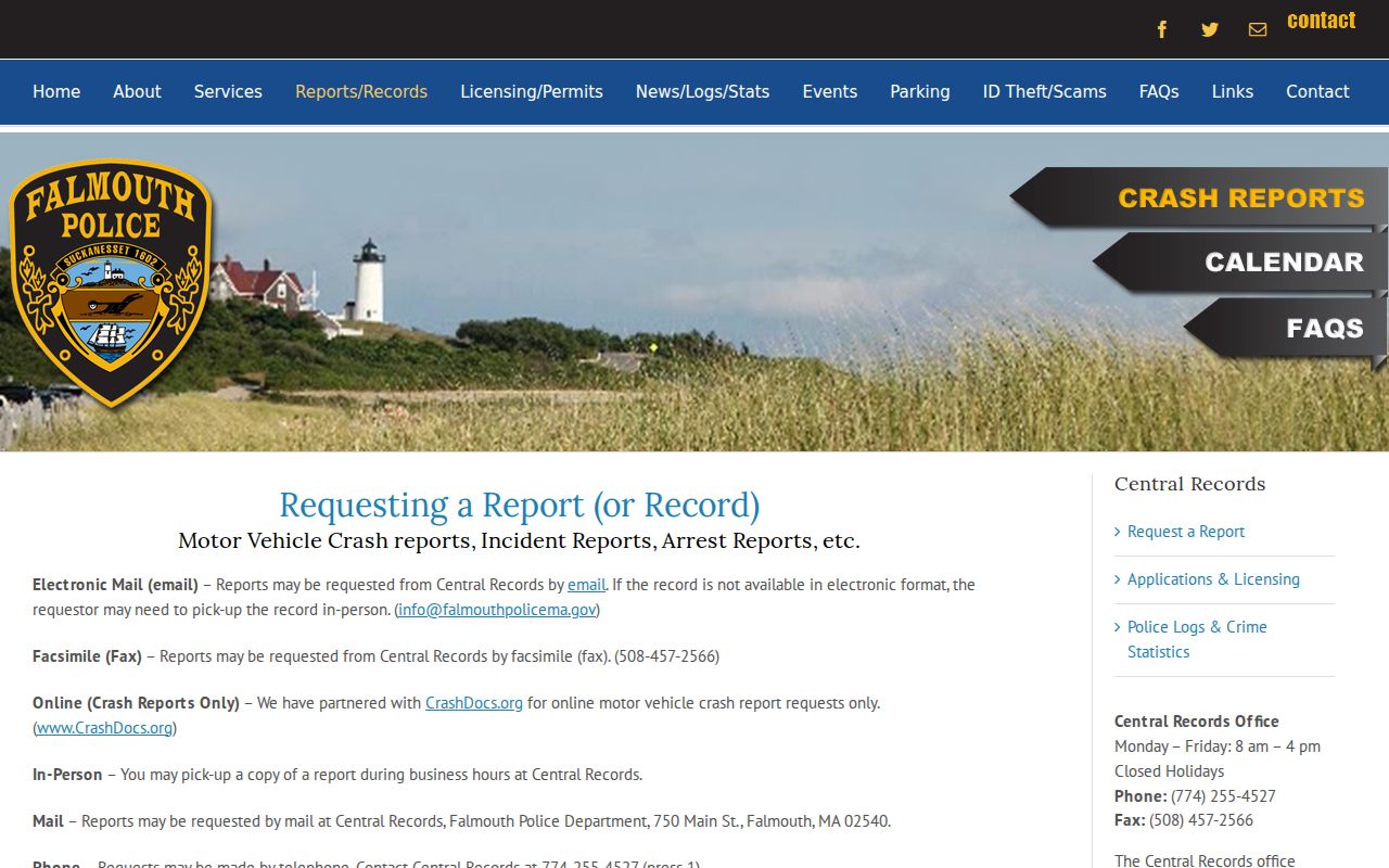 Falmouth warrant records page showing the Central Records request channels and public access caveats for police reports