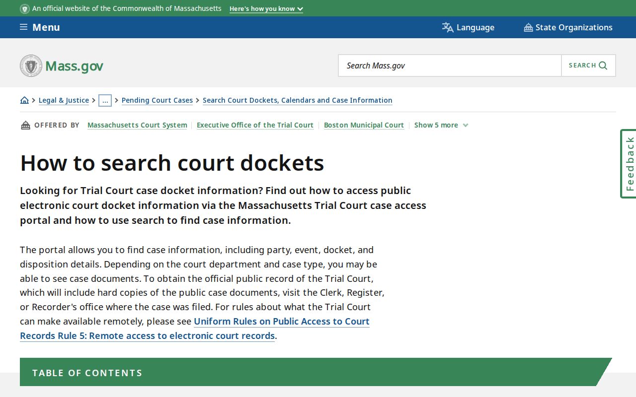 Sandwich warrant records page showing the court docket search instructions and result layout